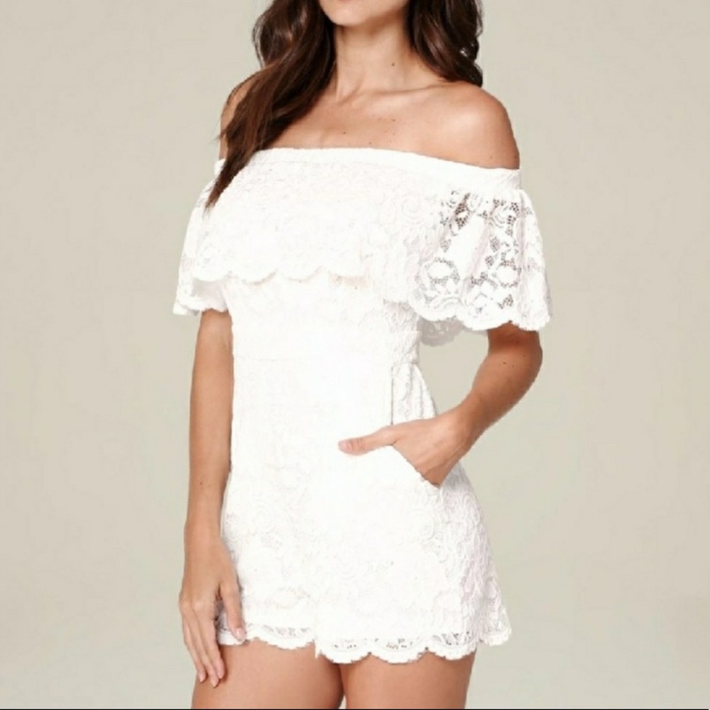 Bebe off shoulder lace white romper